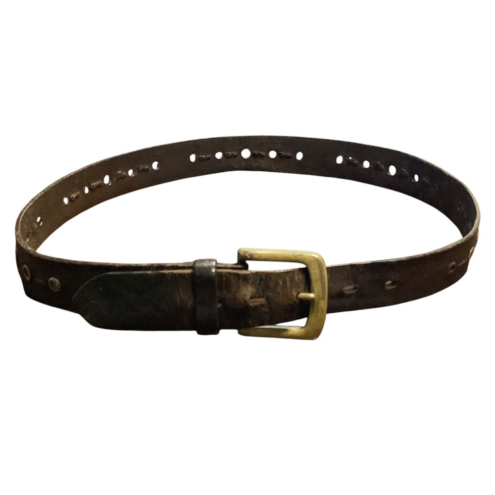 Vintage Levis Brown Leather Grommet Belt Brass Buckle Distressed Mens 34 36 38